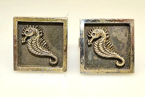 VINTAGE STERLING SILVER SQUARE SHADOWBOX SEAHORSE CUFFLINKS SIGNED ROTTER - Picture 1 of 9