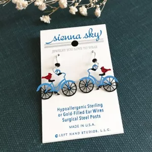 Sienna Sky Earrings Red Cardinal on Blue Bicycle Sterling Hook Cute Fun Gift - Picture 1 of 3