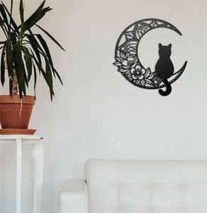 Black Cat Wall Plaque with Moon & Flowers Metal Cat & Moon Wall Art 31 x 29cm - Picture 1 of 4