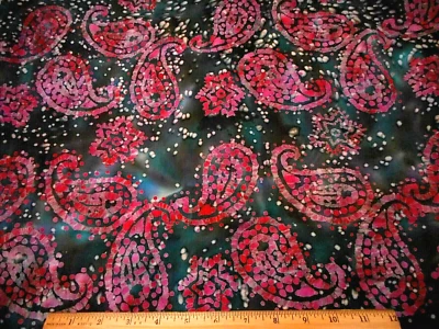 Batik Fabric Short Yard Pink Paisley & Stars Gray Turquoise Cotton #3 #PC - Image 1 of 2