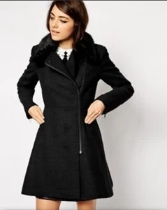 ASOS Zipper Skater Coat In Black with Faux Fur Detachable Collar Sz 6 - Picture 1 of 17