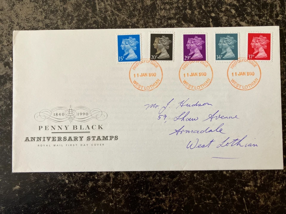 Reino Unido 1990 - Isabel II, Penny Black Anniv sellos FDC West Lothian Foto 1 de 1