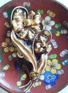 Spilla floreale vintage deco firmata regola oro pieno argento sterling grande 3" - Foto 1 di 7