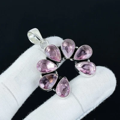 Pingente de prata esterlina 925 feito à mão com pedra preciosa rosa kunzita tamanho-2" - Imagem 1 de 4
