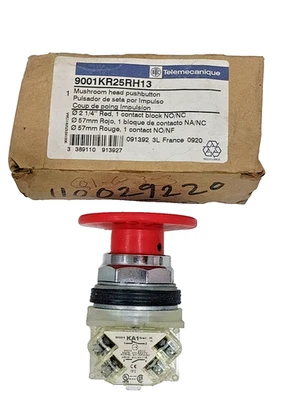 NEW SCHNEIDER ELECTRIC 9001KR25RH13 PANEL MOUNT RED MUSHROOM PUSH BUTTON NEW - Image 1 of 4