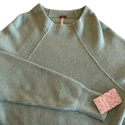 Free People Opaline Green Ribbed Knit Women's Mock Neck Cropped Sweater Med NWT - Image 1 of 4