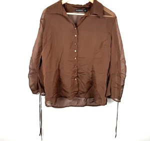 Vtg ESSENTIALS MILANO Semi Sheer Button Up Blouse Shirred Sleeve Brown XL Lagen - Picture 1 of 10