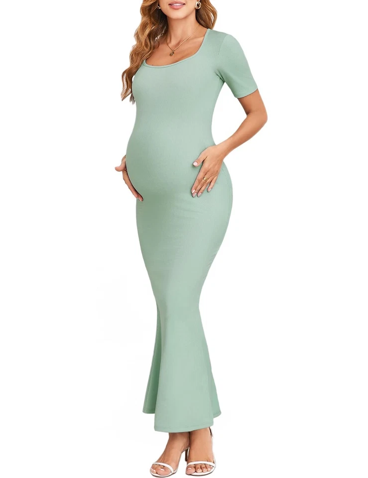 AISWI 2025 Maternity Bodycon Mermaid Maxi Dress Sexy Square Neck Short Sleeve... - Image 1 of 1