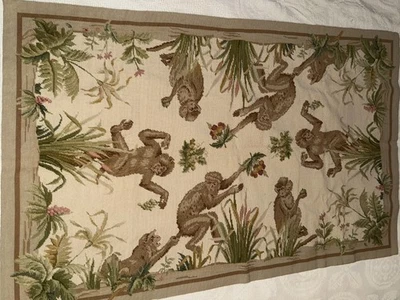 Alfombra tapiz de punta de aguja hecha a mano de diseñador vintage mono monos 3'x5' Foto 1 de 4