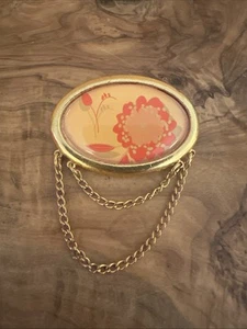 MCM VINTAGE BROSCHE SIGNIERT AVON GOLDFARBEN ANSTECKNADEL KETTE orange BLUMEN - Bild 1 von 6