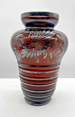 Art Deco Bohemia Amethyst Plum Glass Vase Silver Deposit Overlay Pattern - image 1 of 4