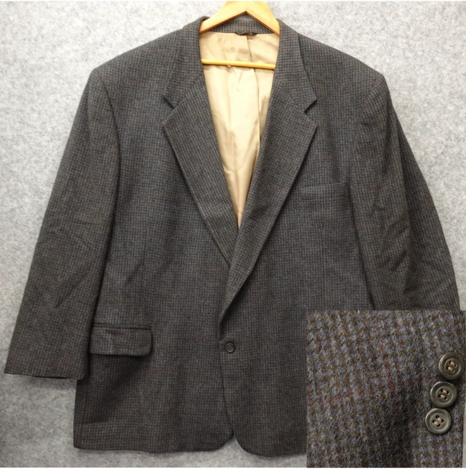 80s USA Made Camel hair Tweed Sport Coat Men 48R Blue Houndstooth VTG BILL BLASS - Image 1 of 4