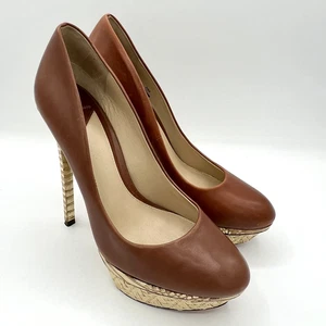 Brian Atwood Platform Heels BFFontann 5.5" Brown Leather Rattan Gold Snake Sz 7 - Picture 1 of 10