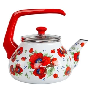 POPPY FLOWERS ENAMELED KETTLE - Red Enamel Tea Pot All Stove Enamelware Kettle - Picture 1 of 10
