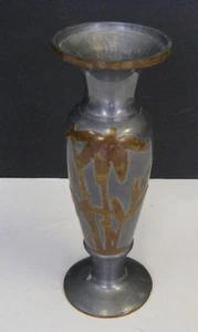 VINTAGE PEWTER W/ INLAY BRASS BAMBOO VASE UNIQUE - Picture 1 of 3