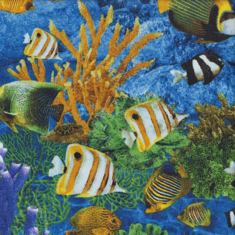 Tropical Fish Coral  on Blue Ocean Shark Attack Quilting Fabric 1/2 Metre - image 1 of 1