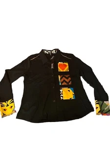 Berek Animal Collage Patched Women Button Up Shirt XL Retail Price $155 Black - Picture 1 of 11