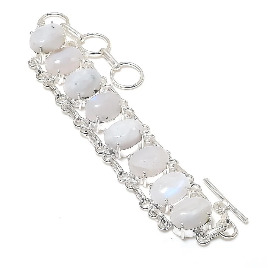 Rainbow Moonstone Gemstone Handmade 925 Sterling Silver Jewelry Bracelet Sz 7-8" - Image 1 of 1