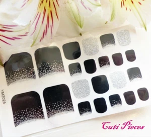 Nail Art Self Adhesive Full Toe Polish Wrap Stickers Black Silver Glitter T025 - Imagen 1 de 3
