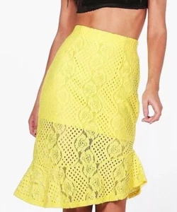 NEW BOOHOO Skye Peplum Hem Lace Midi Skirt Yellow sz Small - Picture 1 of 3
