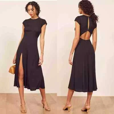 REFORMATION Navy Blue Crepe GAVIN Cap Sleeve Cutout Back High Slit Midi Dress 12 - Image 1 of 4