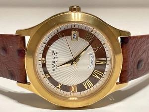 RETRO LUXURY SWISS GOLD PLATED MEN'S QUARTZ WATCH "HAAS & CIE"/TWO TONE DIAL - Picture 1 of 14