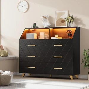6 Drawers Dresser for Bedroom Wood Dresser w/LED Lights ,Charging Station Closet - Picture 1 of 7