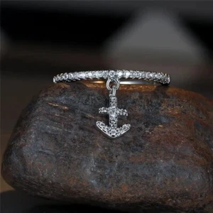 1.20 Ct Round Cut Lab-Created Diamond Anchor Band Ring 14K White Gold Plated - Picture 1 of 3