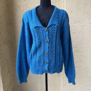 PASTA Blue Mohair Knit Long Sleeve Sweater Cardigan Size L Collared Button Front - Picture 1 of 18