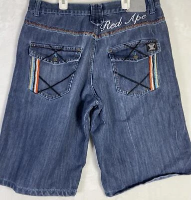 Винтажный Y2K красная обезьяна вышитая джинсовая ткань Jean шорты размер 38 мешковатые хип-хоп клетку - Изображение 1 из 4