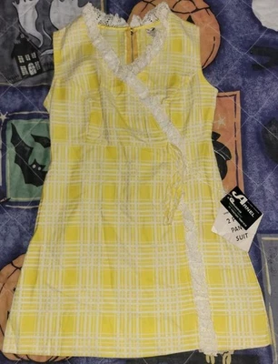Vestido vintage década de 1960 Arnel xadrez amarelo sem mangas tamanho pequeno 9JP triacetato - Imagem 1 de 4