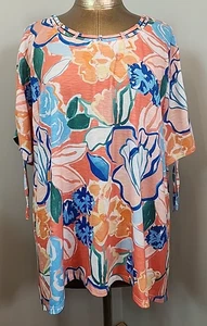 Alfred Dunner Orange Floral Shirt Womens Size 3X Chest 54 Cut Outs SS 211-35592 - Picture 1 of 8