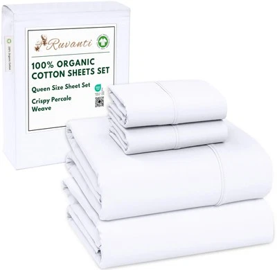 100% Organic Cotton Sheets Queen Size Percale Weave GOTS Certified 4-Piece Se... - Image 1 of 4