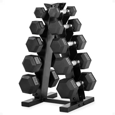 HolaHatha 10, 15, 25, 30 & 35 Lb Hexagonal Dumbbell Weight Set w/ Rack, Black - Image 1 of 4