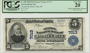 1902 $5 C. National Bank Battle Creek MI CH#7013 PCGS VF20 ERROR GCC Green - Picture 1 of 2