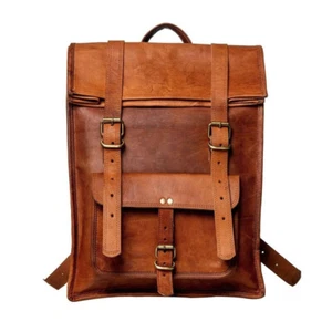 Goat Leather Backpack Bag Laptop Rucksack Vintage Brown Men's Genuine Travel - Picture 1 of 4