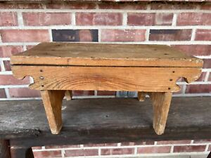 Old Vintage Rustic Primitive Wooden Stool with Raw Wood Finish