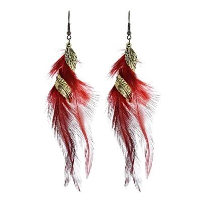 Pendientes colgantes de plumas largas naturales bohemios hechos a mano vintage rojos boho Foto 1 de 2