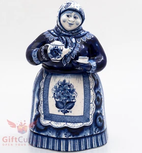 Gzhel porcelain Tea caddy Bowl Jar Matrena handmade figurine 1.4L - Picture 1 of 11