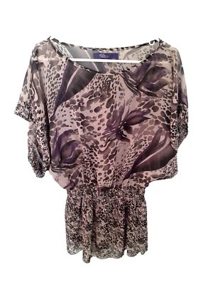 Camisa feminina Miley Cyrus Max Azria tamanho médio roxa branca estampa animal transparente - Imagem 1 de 4