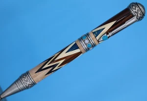 Southwest Antique Pewter and Turquoise Stone with Santa Fe wood Inlay Ballpoint - Picture 1 of 10