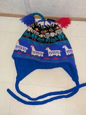 De Colección Gorro Chullo Tejido Mezcla Lana Piel Tortuga Amapola Gallo Azul con Llamas Talla 7 Foto 1 de 4
