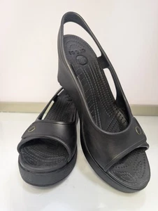 Crocs Havana Women's Sz 10 Black Slingback Platform Wedge PeepToe Heel Sandals - Picture 1 of 7