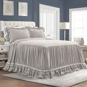 Light Gray Vintage Chic King Bedding Set Ruffle Lace Bedspread 3 Piece Set - Picture 1 of 7