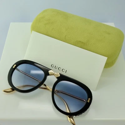 Gucci GG0307S 56mm Foldable Aviator Sunglasses with Blue Lens Gold Arms Crystal - Image 1 of 2