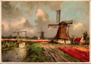 Postcard Windmill Tulip Fields Art Card Signed - Picture 1 of 2