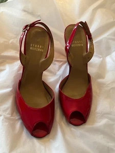 EXCELLENT CONDITION Stuart Weitzman Red Patent Leather Peep Toe Slingbacks - 5 - Picture 1 of 6