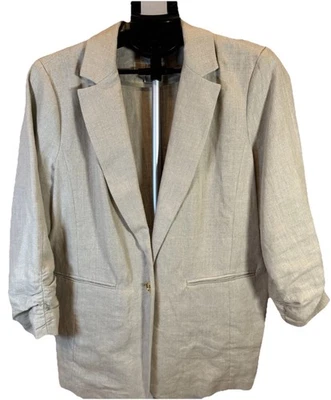 Michael Kors Lt Beige Linen Ruched Sleeves Gold Button Blazer Jacket Sz 14 Women - Image 1 of 4