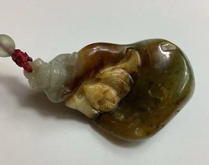 Multi Toned Two Sided Jadeite Foo Dog, Bat & Bird Translucent Pendant - Picture 1 of 18