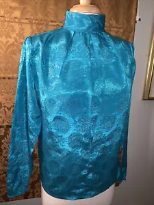 MCM Vintage Türkis 1940er 1950er elegante Sekretärinnenbluse hoher Kragen - Bild 1 von 12
